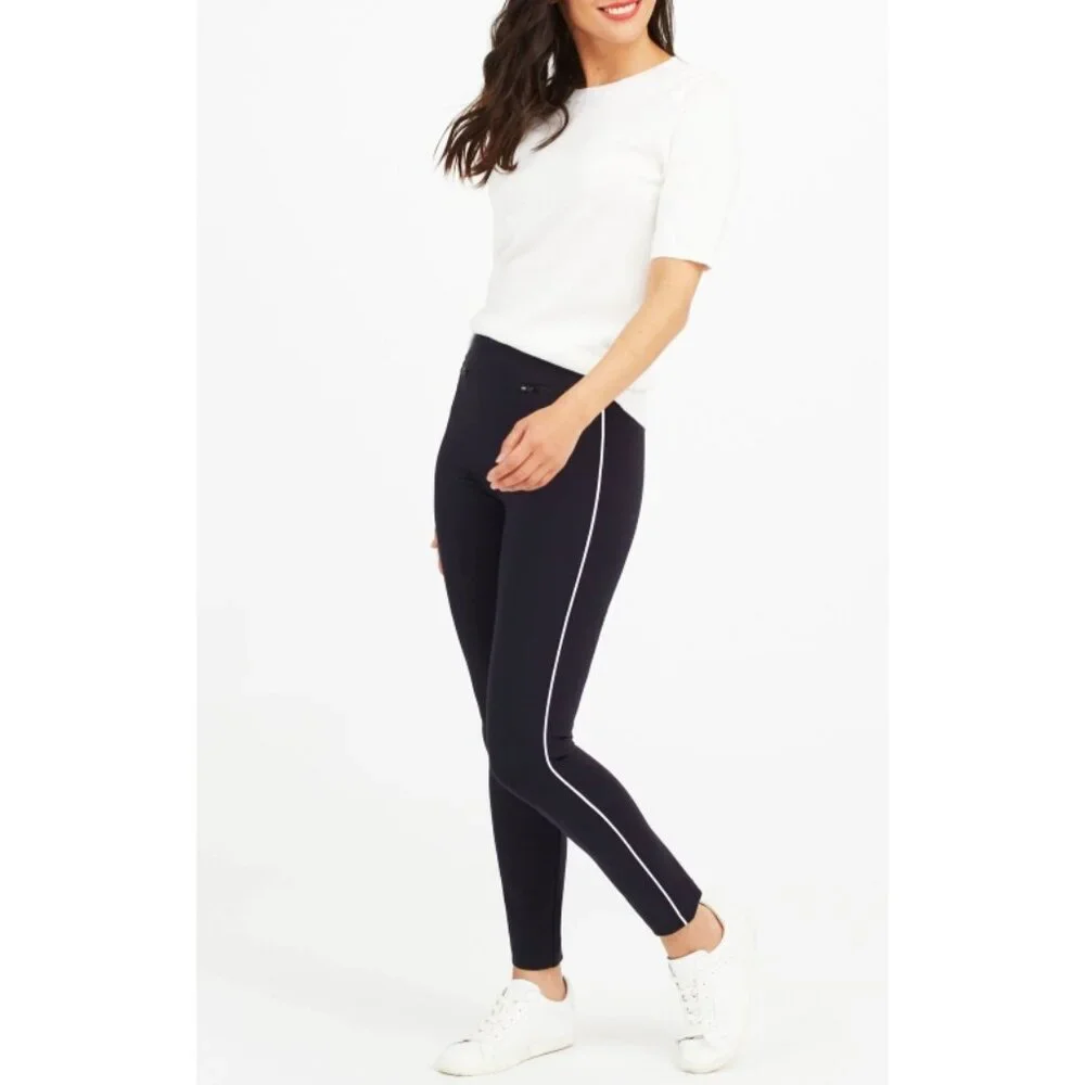Spanx Perfect Pant Ankle Piped Skinny Classic Black Zipper Pockets Edgy Ponte S